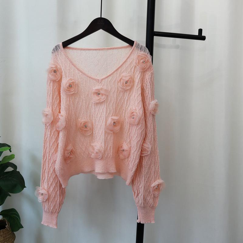 Heavy Industry Three-dimensional Flower Knitted Sweater Top Autumn New Thin Loose Sweet Gentle Sweater Pullover Woman