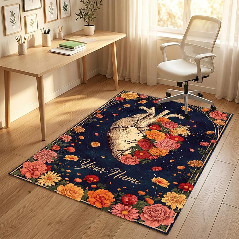 Floral Theme Soft Crystal Velvet Rug Custom Name & Text Print Non Slip Floor Rug for Bedroom Living Room