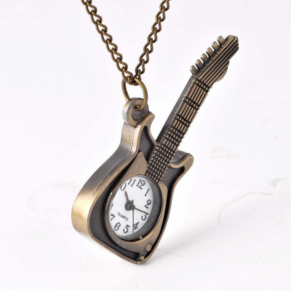 Antique Bronze Guitar Pendant Pocket Watch 8892