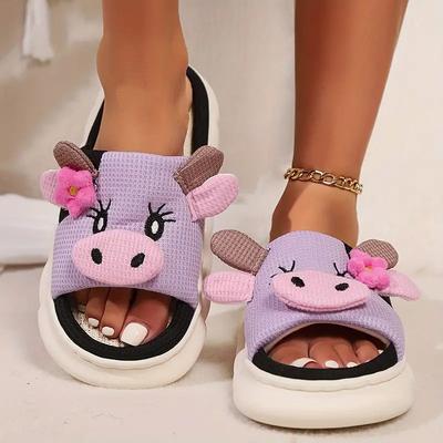 Pantofole da Casa Mucca Cartone Animato Kawaii per Donna Moda Estiva Pantofole con Zeppa in Lino Donna Suola Spessa Antiscivolo Ciabatte da Camera 2025