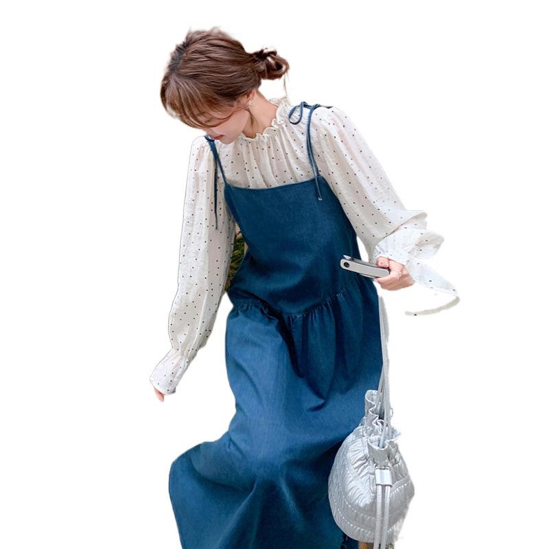 Spring 2025 Polka Dot Denim Suspender Dress: Fashionable, Stylish, and New