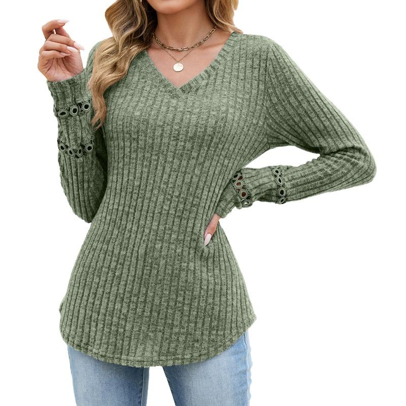 Solid Color V Neck Lace Patchwork Loose Long Sleeve Brushed T Shirt