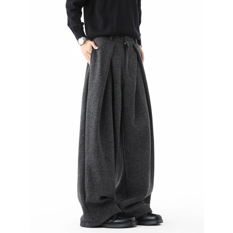 Old Money Style Deconstructed Woolen Trousers for Men, Winter Heavyweight Vintage Warm Wide-Leg Long Pants, High Street Pleated Casual Pants