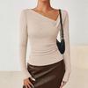 Women's Fashionable Long-sleeved Asymmetrical Collar Fitted Casual Knitted Top