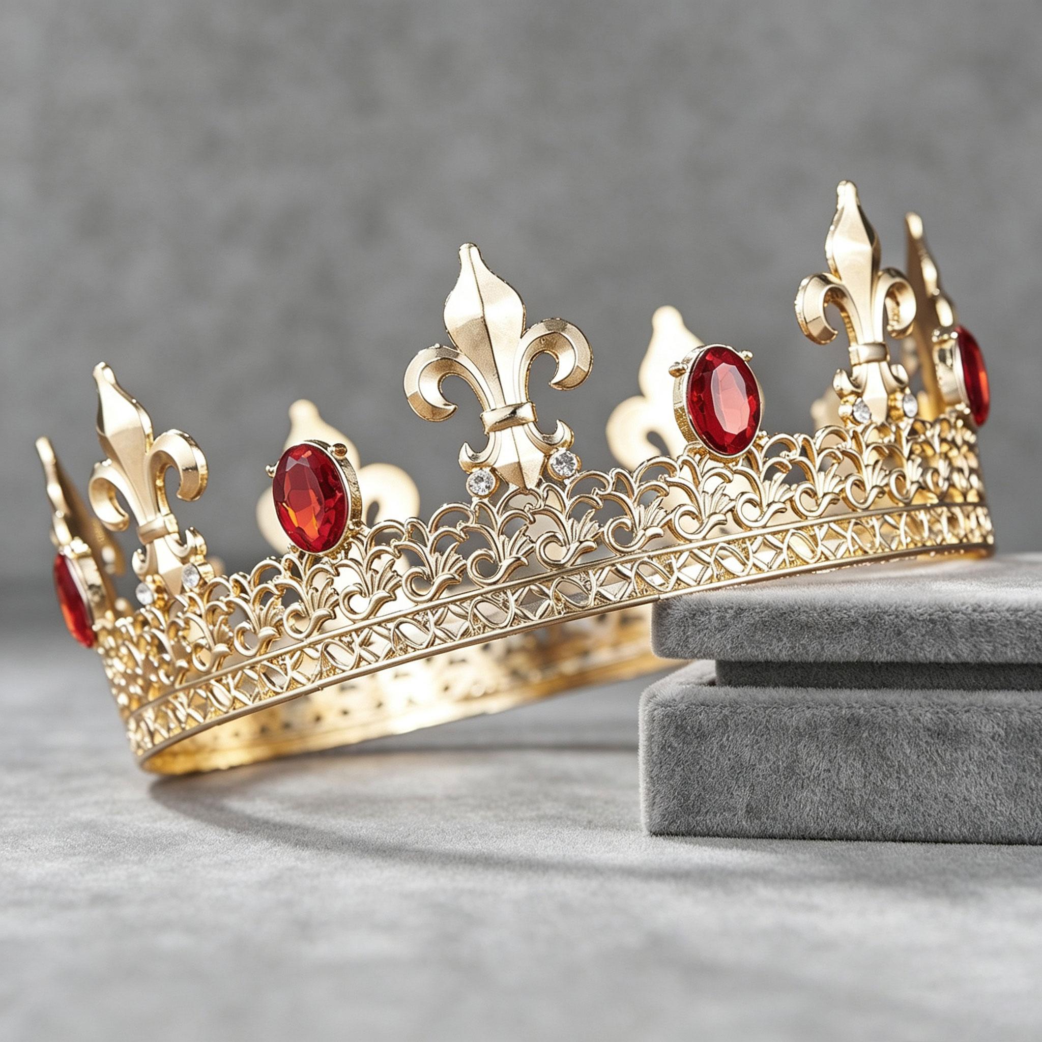 Pánska zlatá korunka s kryštálom Fleur-de-lis - Vintage kráľovská filigránska tiara pre ženícha, svadbu, ples, cosplay, Halloween, narodeninovú oslavu červená