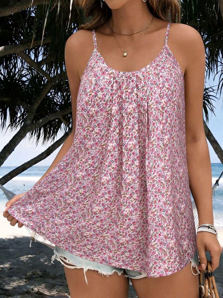 Plus Size Women's Solid Color Floral Camisole Vest - New Summer 2025 Sleeveless Casual Top