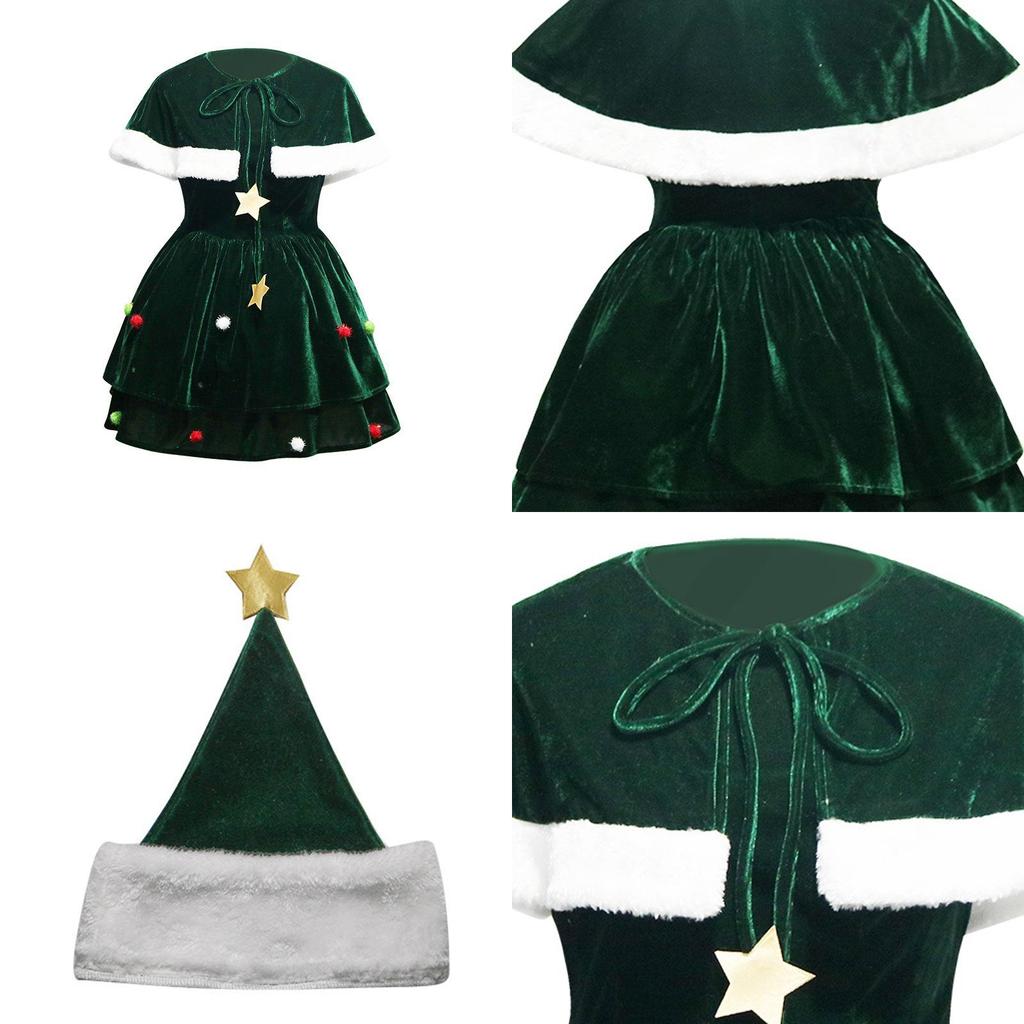 Classic Women Christmas Tree Costume Velvet Dress Cloak Hat Party Props Plus Size