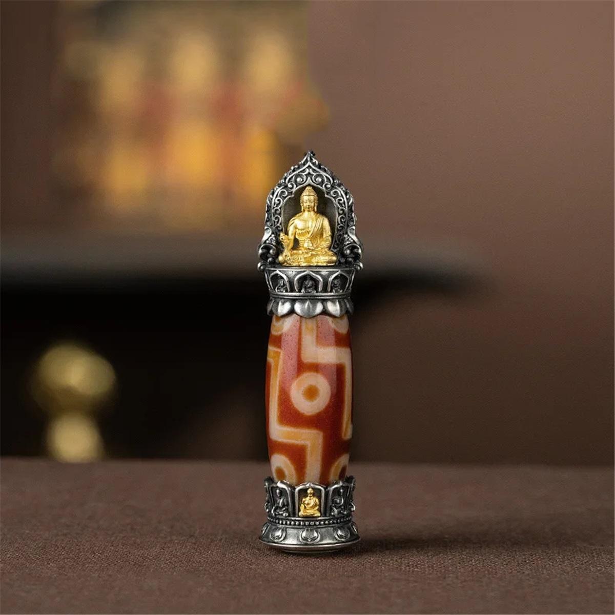 Nine-eyed Dzi Guanyin Bodhisattva Pendant Necklace - Gold Plated Buddhist Lotus with Turquoise Chinese Style Amulet Jewelry Gift Eyed Dzi
