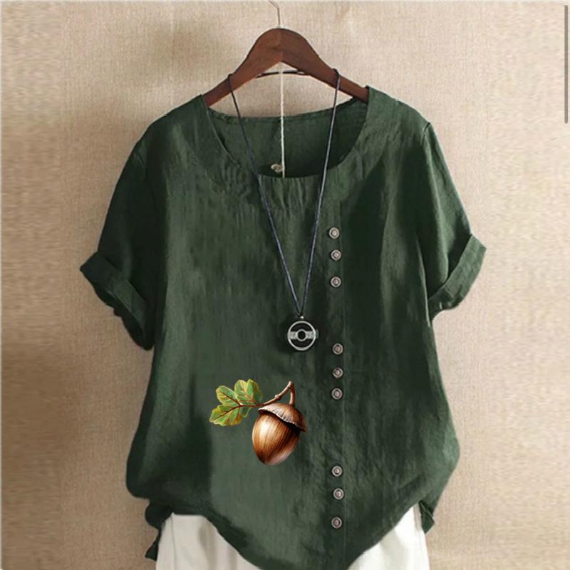 Women's Fashion Stone Hazelnut Prined Round Neck Short Sleeve T-shirt Casual Cotton Linen Graphic Shirt Leisure Loose Summer Blouse Tops
