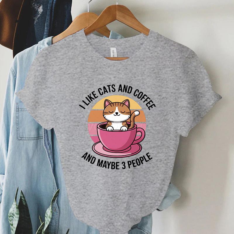 

Kawaii Cat Coffee Lover T Shirt I Like Cats and Coffee Classic Top Tees Crew Neck Summer Clothes Coffee Lover Gift Cat Mom Shirt S