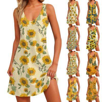 Women's Casual Fashion V-neck Sleeveless Floral Print Side Pocket Dress