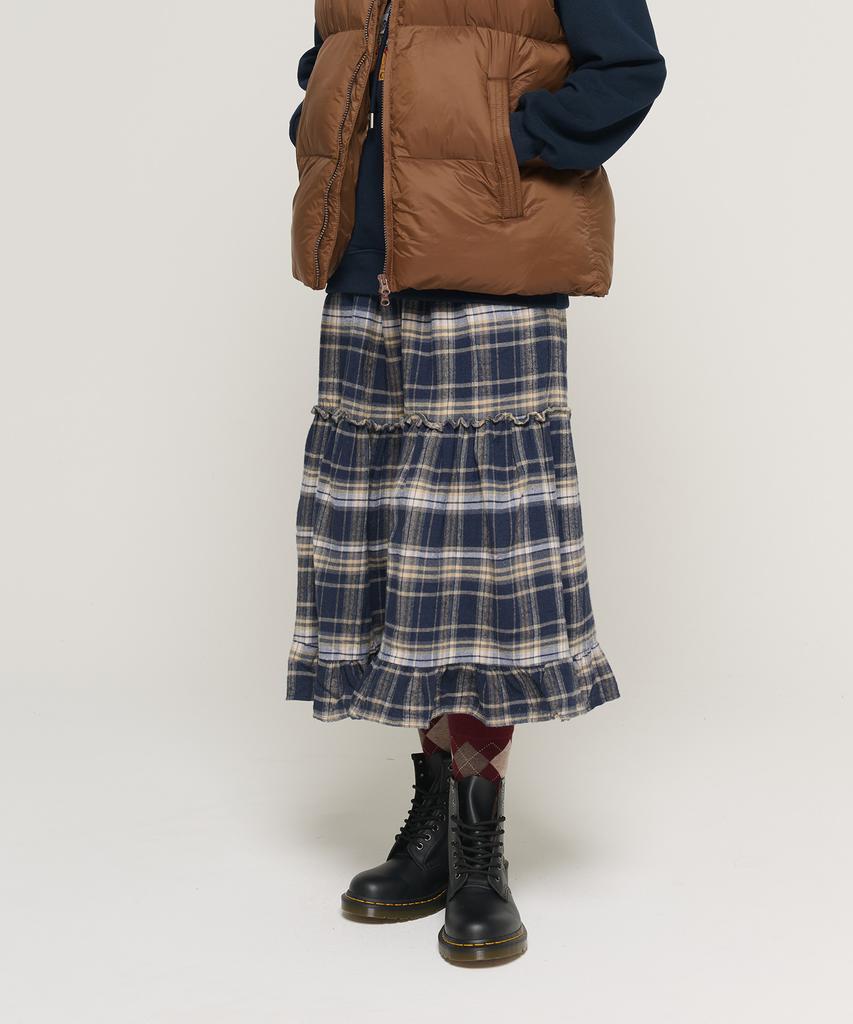 Cargo Bros For Woman Check Tiered Elastic Long Skirt (Navy)