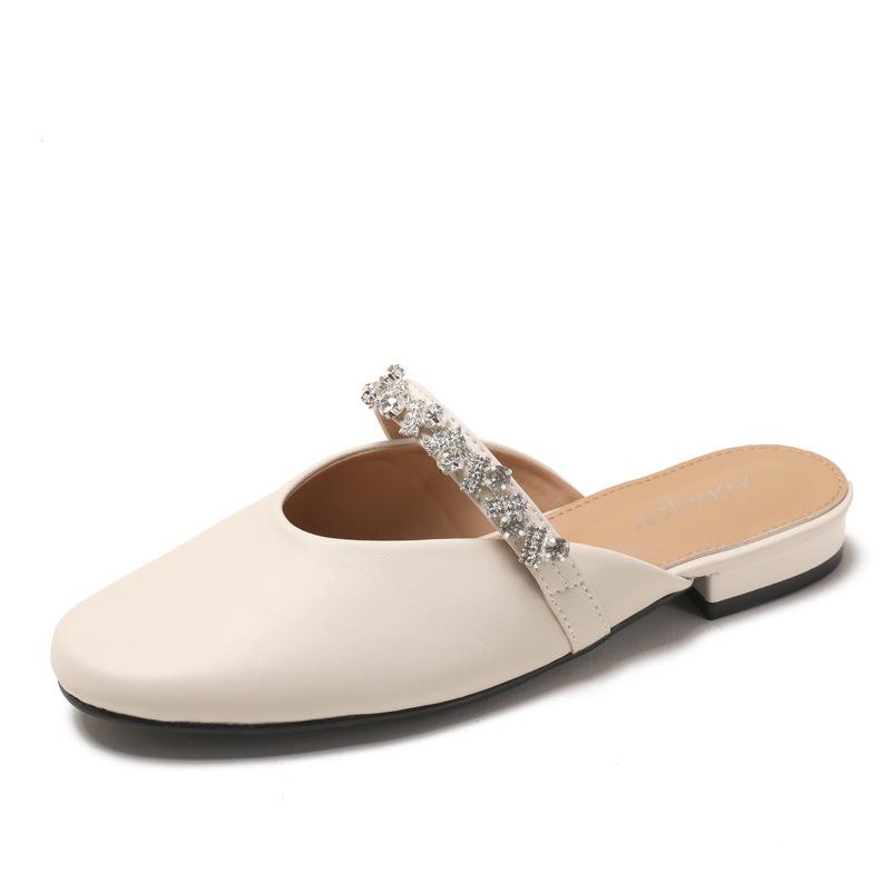 Fashion French Rhinestone Cover Toe Slippers for Women Slip On Women's Footwear Fashion Low Heel Pumps Soft Leather Comfortable Mules