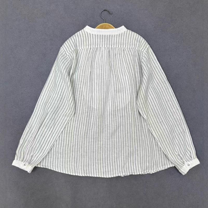 Johnature Autumn Products Stand-up Collar Retro Striped Splicing Loose Women Shirt Long Sleeve Casual Blouses