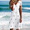 Women Short Sleeve V‑Neck A‑Line Midi Dress Anchor Print Casual Loose Summer Plus Size Beach Dress