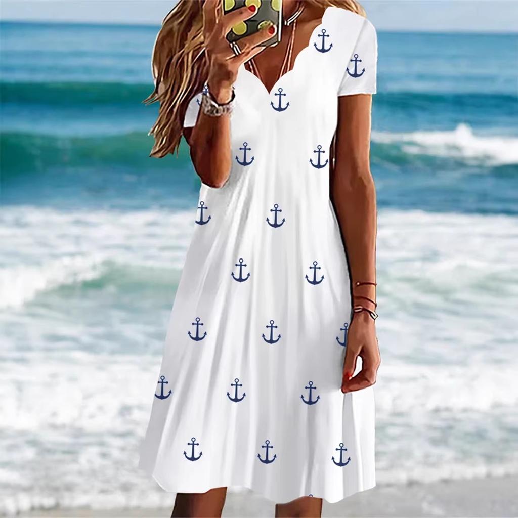 Women Short Sleeve V‑Neck A‑Line Midi Dress Anchor Print Casual Loose Summer Plus Size Beach Dress