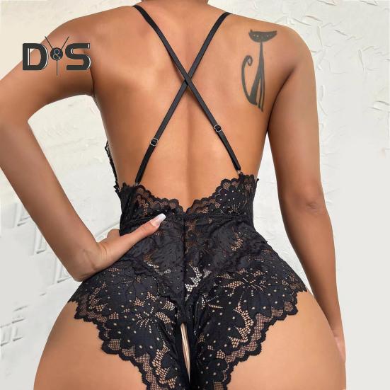 Sexy Dámské Body Průhledná vyhloubená krajka Mašlička Otevřený rozkrok Bez rukávů Sknny Nízký výstřih křížem na zádech nastavitelný popruh na špagety Svatba na líbánky