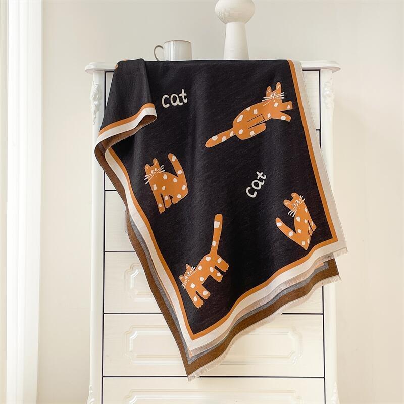 Winter imitation cashmere scarf women's double-sided cartoon cat shawl warm long sweet and cute fringed dual-purpose scarf