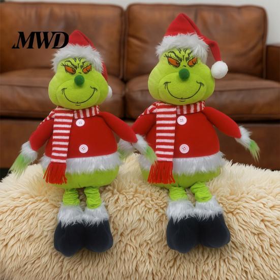 Christmas Tree Ornament Green Elf Plush Toy, Soft Stuffed Animal Doll with Standing Retractable Long Leg for Holiday Home Fireplace Mantel Decor Party
