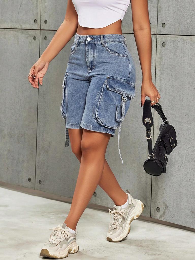 Rose Beauty A Y2K Street High Waist Flap Pocket Tape Detail Work Cargo Denim Bermuda Wide Leg Jean Shorts Summer Comfy Trendy Jorts