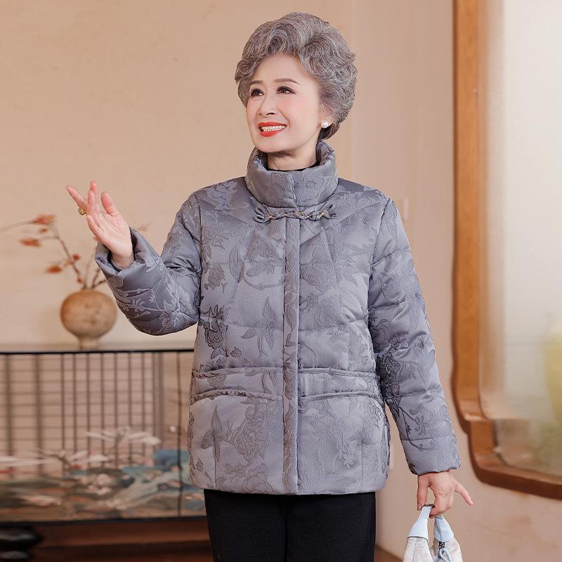 Elegant Winter White Duck Down Jacket for Middle-Aged & Elderly Women - Short, Chinese Style