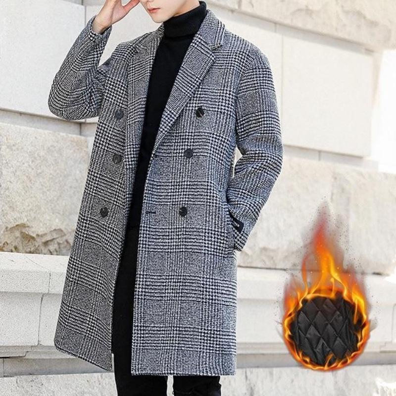 Herren mittellanger karierter Woll-Trenchcoat - Trendige lässige Jacke im Hongkong-Stil für Herbst und Winter