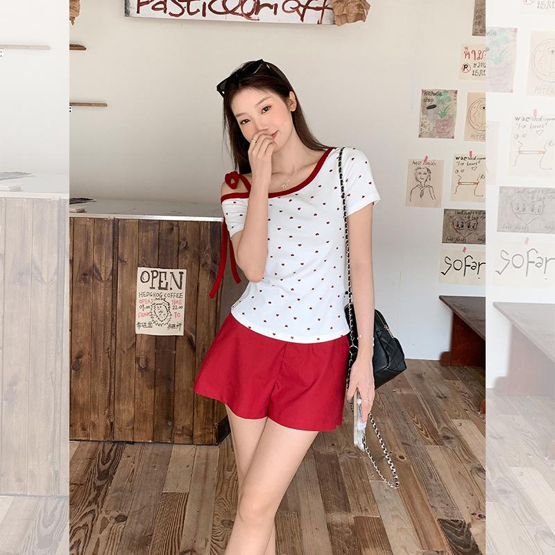 Korean Red Love Polka Dot Slanted Shoulder Off-the-shoulder Bow Pure Desire Short-sleeved T-shirt Women's Summer Strap Slim Top