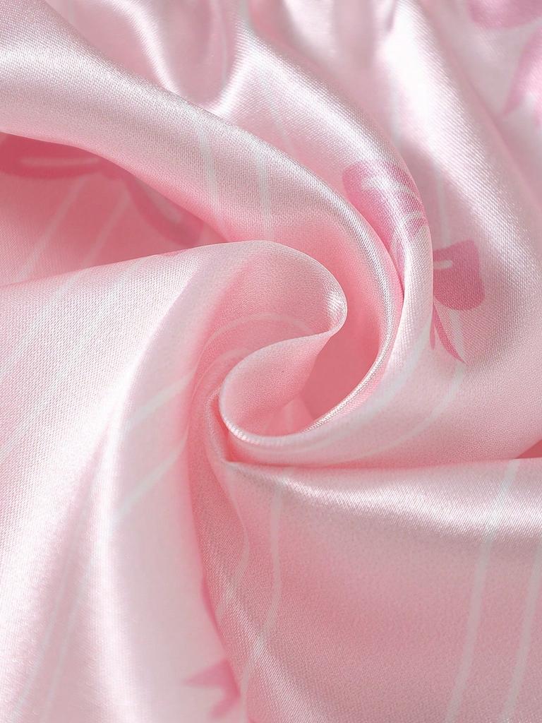 Girls Pink & White Striped Bow Sweet Fashion Minimalist Pattern Print Faux Silk Camisole Top And Shorts Comfortable 2-Piece Loungewear Set