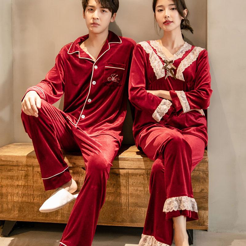 Couple red golden velvet pajamas autumn and winter wedding festive long-sleeved loungewear newlywed men's sense suit
