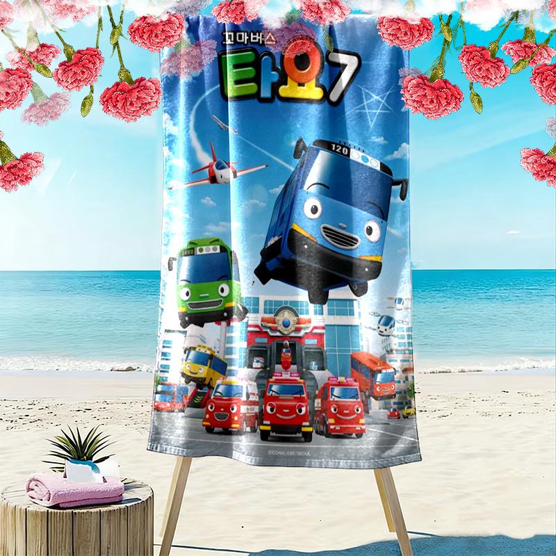 Serviette de Plage Imprimée Tayo le Petit Bus, Grande Serviette Douce à Séchage Rapide pour Plage Camping Natation