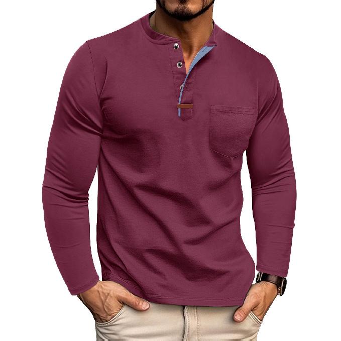 Long Sleeve Henley Shirt Men's Round Neck T-Shirt Color Block Top Tee Men's Color Block Design Base Shirt