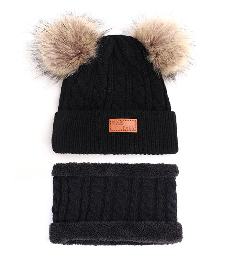 Cappello lavorato a maglia in lana per bambini autunno e inverno, set caldo per bambini, sciarpa, guanti, set da tre pezzi con velluto