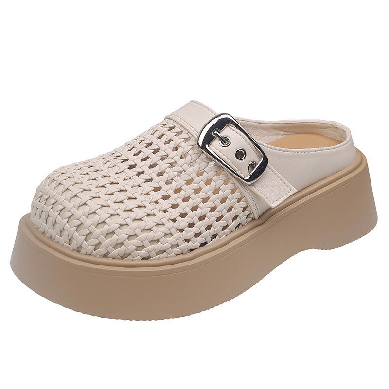 Muffin Platform Loafers Women's New Spring and Summer Explosion Retro Woven Bag Head Half Slippers Small Sandals