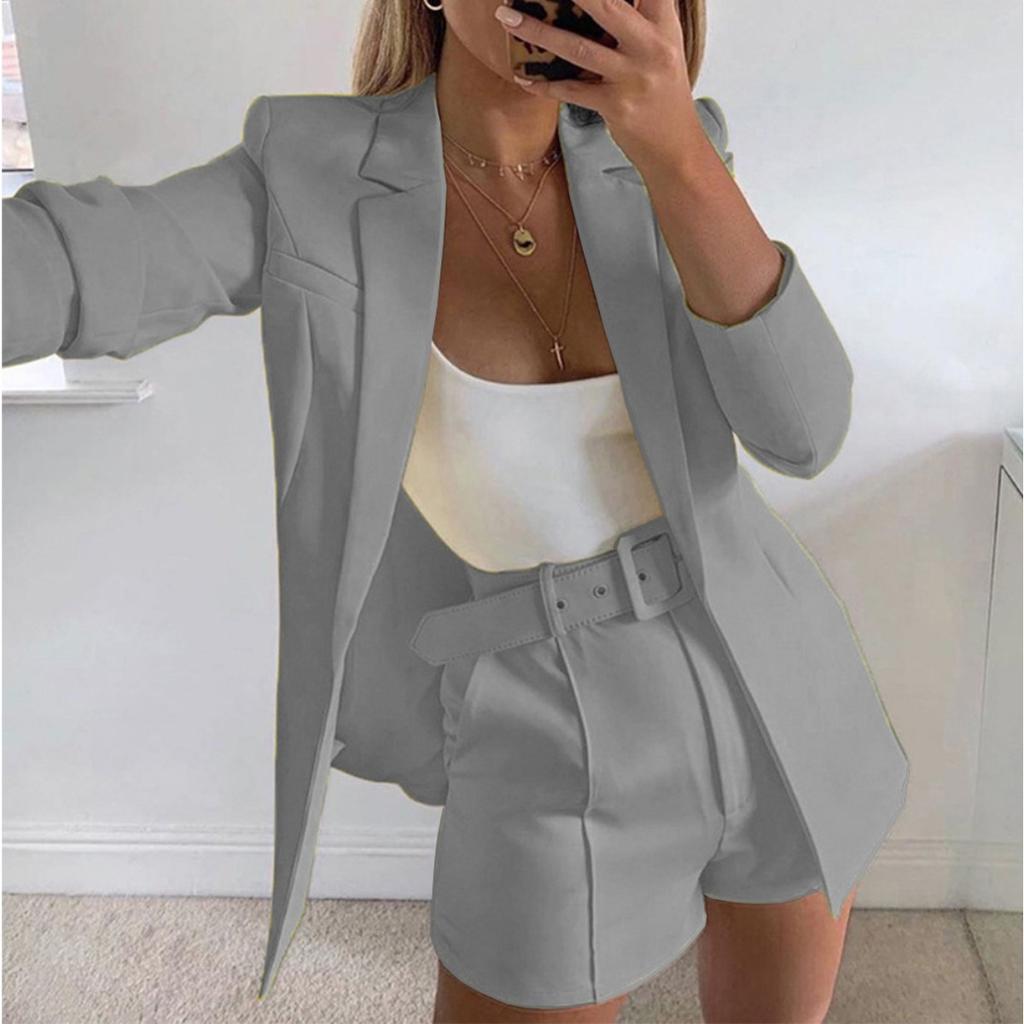 Women's Slim Fit Two Piece Suit Lapel Long Sleeve Blazer High Waist Belted Short Co-ord Outfit Set