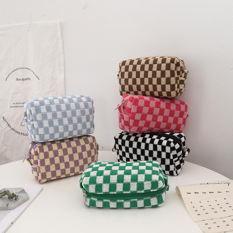 Korean Plaid Knit Makeup & Pencil Storage Bag - Large Capacity Organizer
