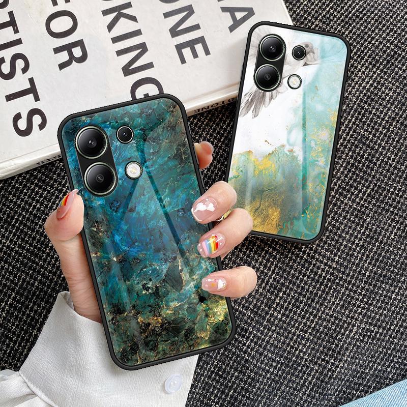 For Xiaomi Redmi Note 13 4G Anti-Drop Phone Cover Tempered Glass Case Marble Pattern Phone Shell