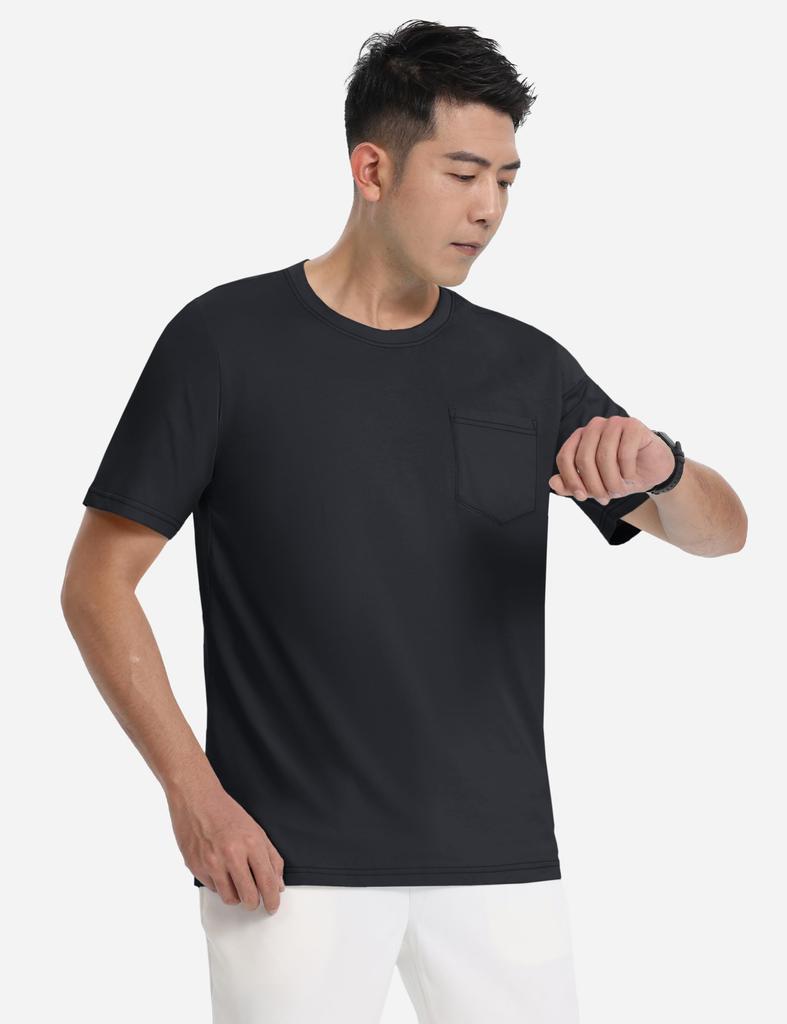 [TACVASEN] Men's Short-Sleeve Summer T-Shirt, Lightweight, Sporty, Simple Everyday Wear, Cotton, Sweat-Absorbing, Plain, with Chest Pocket, Cool Black
