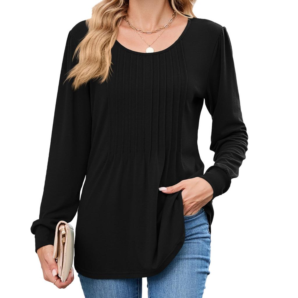 Fall Winter New Women's Solid Color Crew Neck Striped Loose Long Sleeve T-shirt Top, Leisure Leisure Foreign Trade for Europe America
