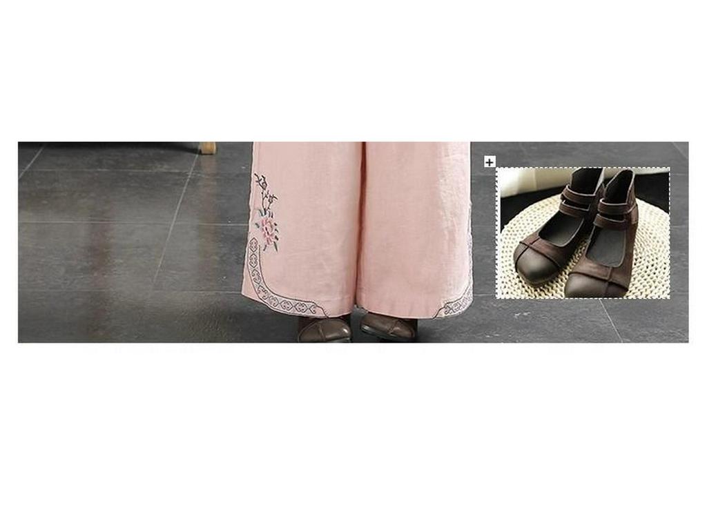 Tide Women's Spring Elastic Waist Cotton Linen Straight Leg Pants with Retro Embroidery