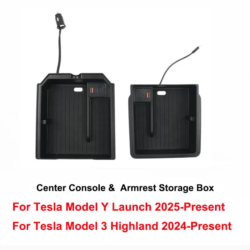 For Tesla Model 3 Y Juniper Highland Launch 2025 2026 Center Console Armrest Storage Organizer USB Type-C Charger Expansion Dock