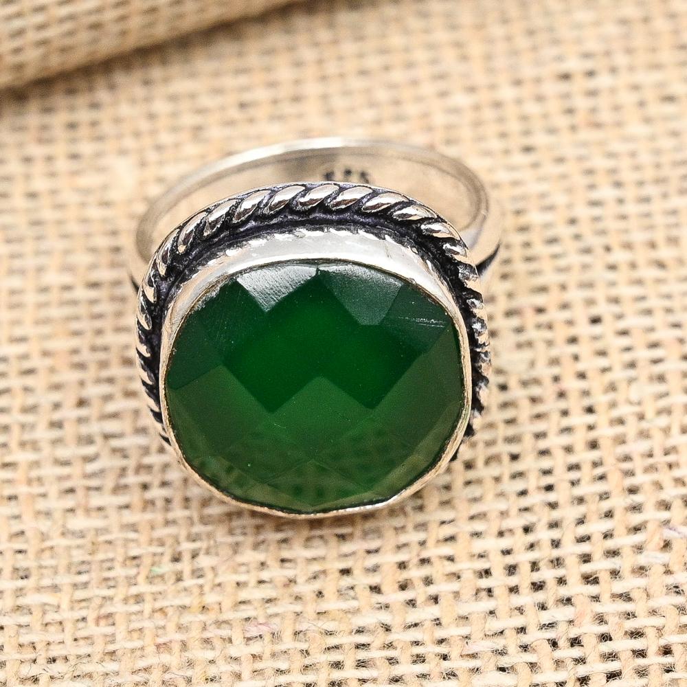 Faceted Green Onyx Gemstone Handmade Solid 925 Sterling Silver Ring Jewelry