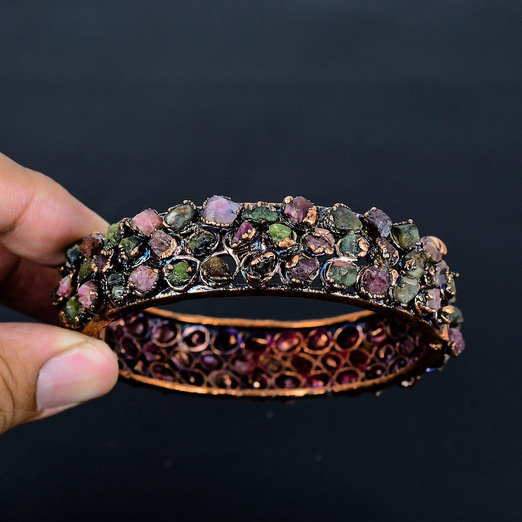 Multi-Tourmaline Cuff Bracelet Real Gemstone Bangle, Copper Electroformed Bracelet Handmade Jewelry, Adjustable Bangle For Gift Women Jewelry