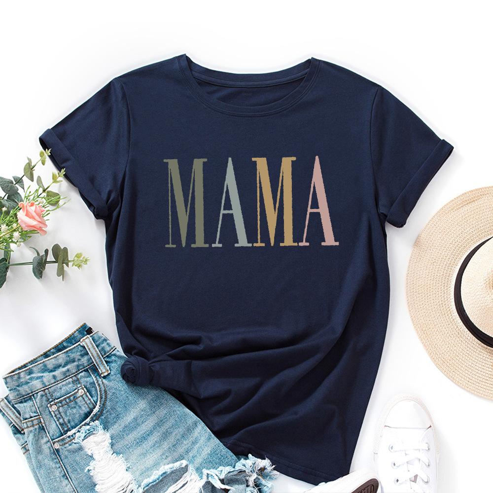 MAMA Cotton T-Shirt Short Sleeve Round Neck Women 2d Print Tops