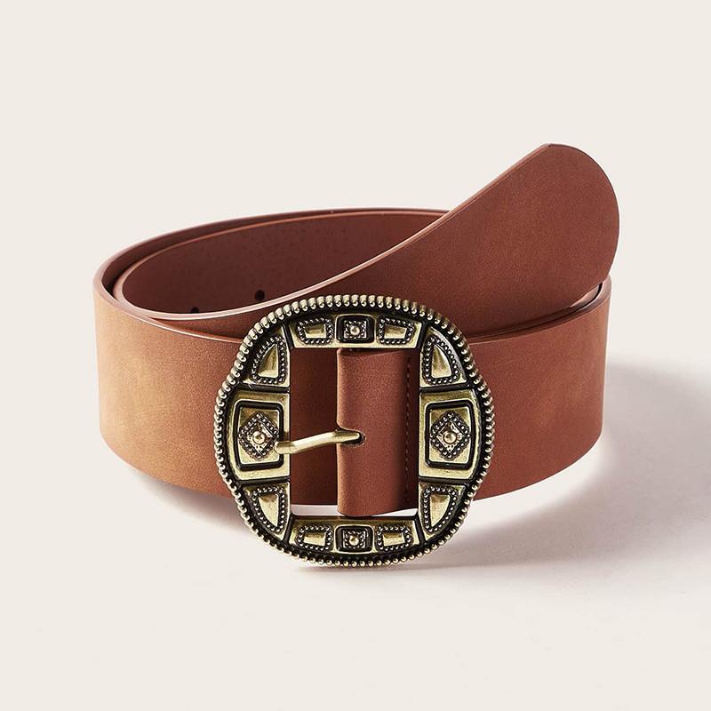

Geometric Vintage Leather Wide Belt With Metal Buckle For Retro Fashion Women