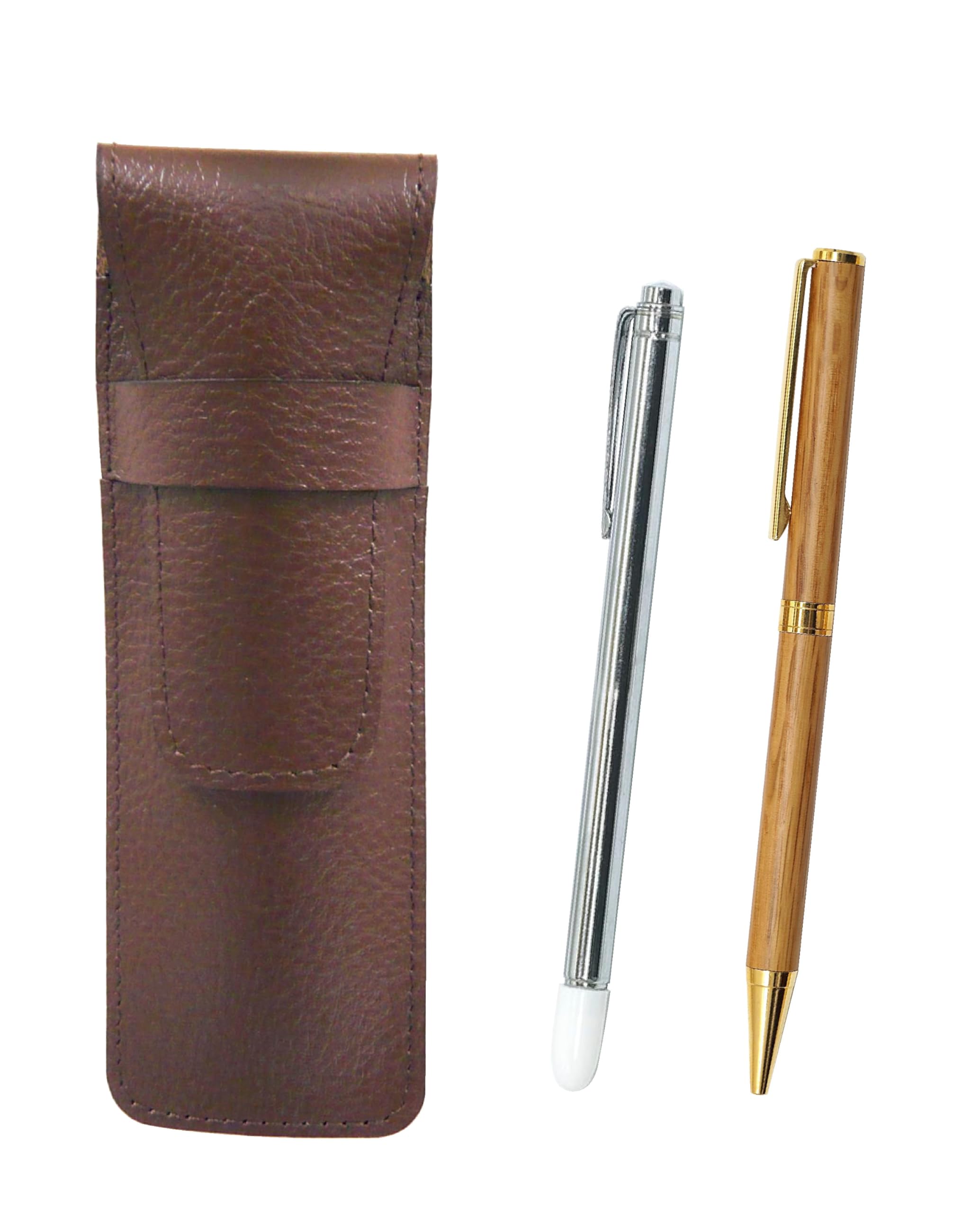 

Grained Chocolate Color Cowhide Pencil Case Metal Pointing Stick and 368 Wooden Hard Maple Rotating Ballpoint Pen Set 2-Pack SASTYO-701S-368-2