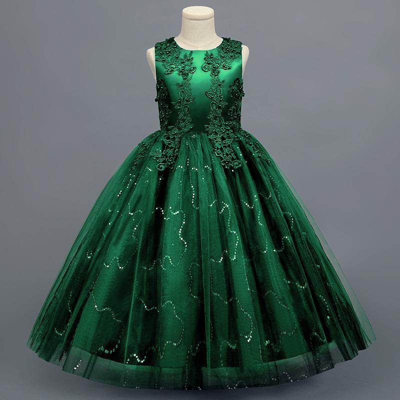 

Платье принцессы для девочки-цветочницы с пайетками и тюлем - Без рукавов, длиной до талии, пышное, длинное свадебное платье для детей 150 cm темно-зеленого