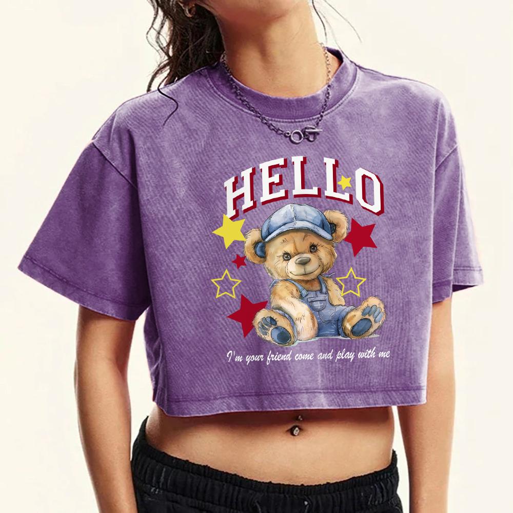 Hello Star Cartoon Bear Prints Washed Crop T Shirt Female Summer Cotton Clothes Retro Fashion Tee Top T-Shirts