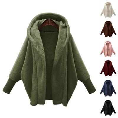 Women's Fashion Loose Vintage Warm Solid Color Long Sleeve Hooded Loose Plush Coat