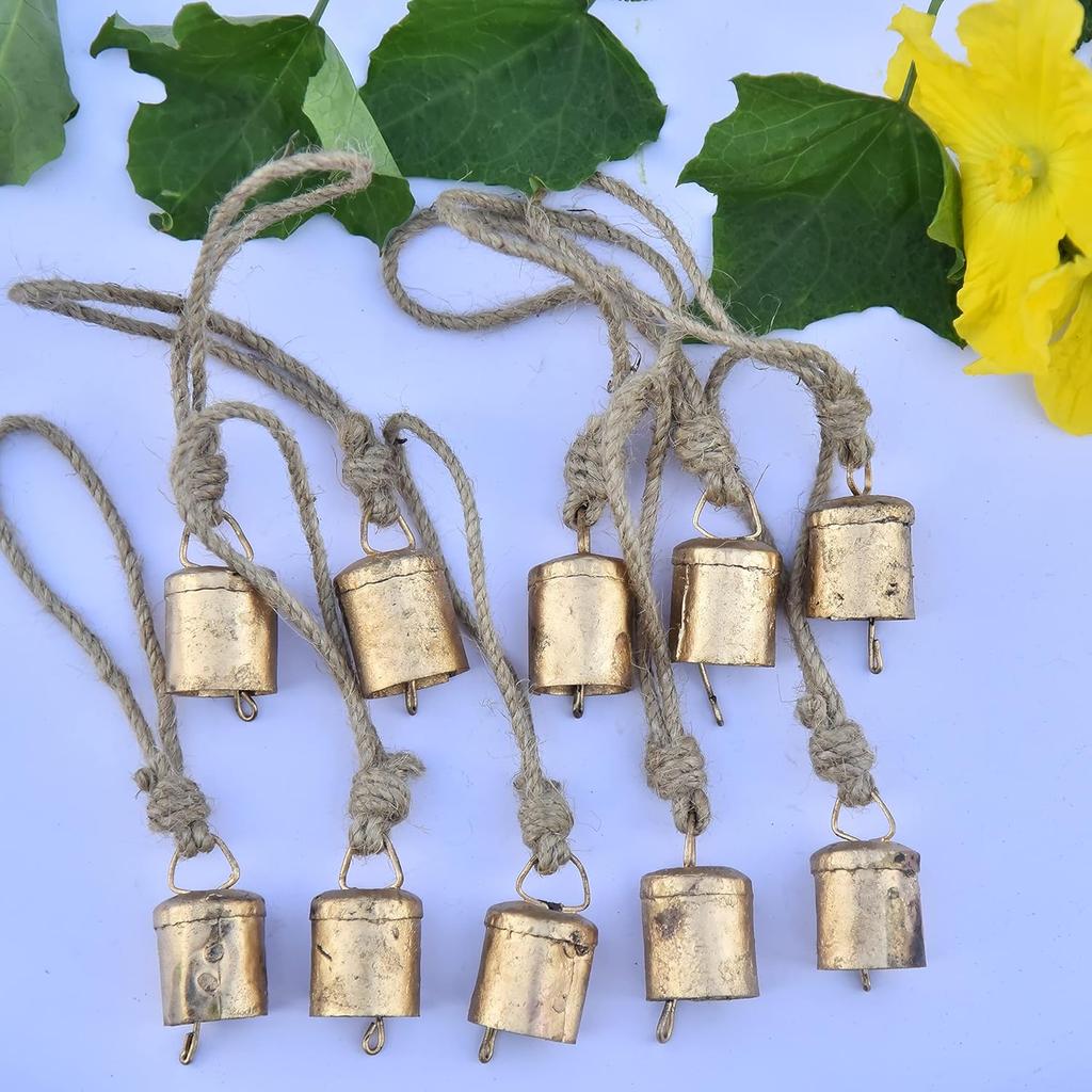 Vintage Iron Jingle Bells for Crafting, 10-Pack Rustic Gold Cowbells for DIY Holiday Ornaments and Western Home Decor