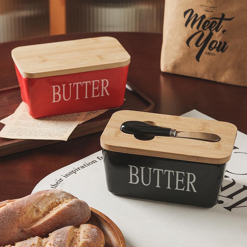 Ceramic Western-Style Butter Dish with Knife - Rectangle Cheese Box for Household and Restaurant Use
